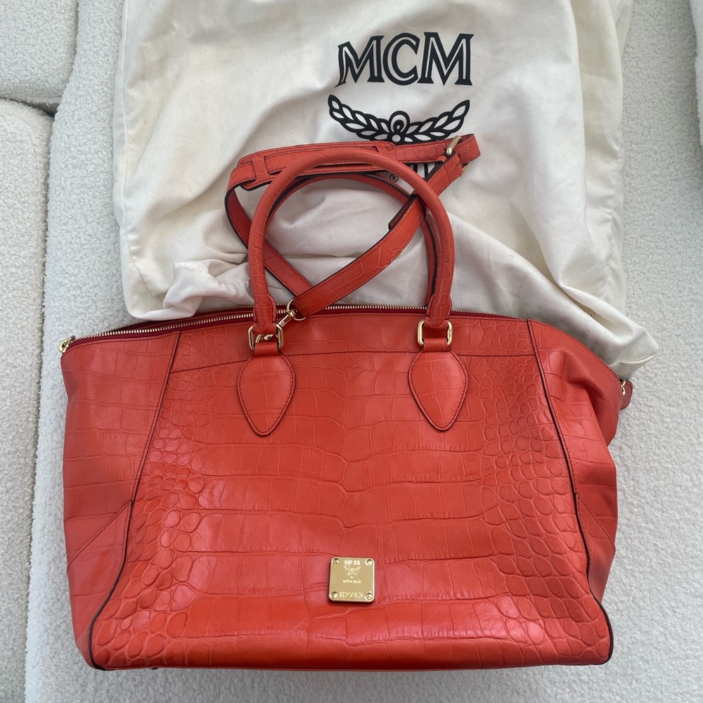Authentic MCM Red Crocodile-Embossed Leather Purse